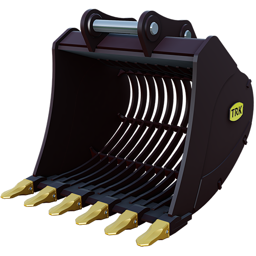 skeleton screening bucket,<h4>Product Overview</h4> <br>

TRK's Skeleton Screening Bucket features extra thick ribs in the screening portion of the bucket. Can be set up to screen different sizes of material.<br><br><br>

<h4>Benefits</h4> <br>

- Constructed from T1 & AR400 Steel at all critical points.<br>
- Comes standard with CAT style J-Series teeth.<br>
- Swap teeth for Bolt-on Cutting Edge at no extra charge.<br>
- Standard screening gap is 4". We do custom sizes too.<br>
- Solid AR400 extra thick ribs last long for high abrasion.<br>
- Includes a 1 Year Limited Warranty.<br><br>

Pins sold separately.